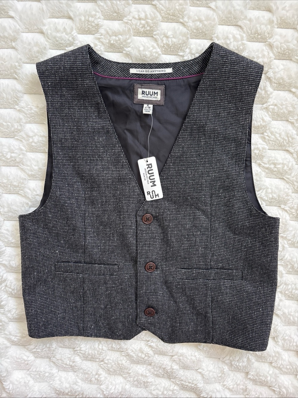 Ruum Youth Size 7/8 Wool Blend Formal Vest Adjustable Button Front Grey Texture